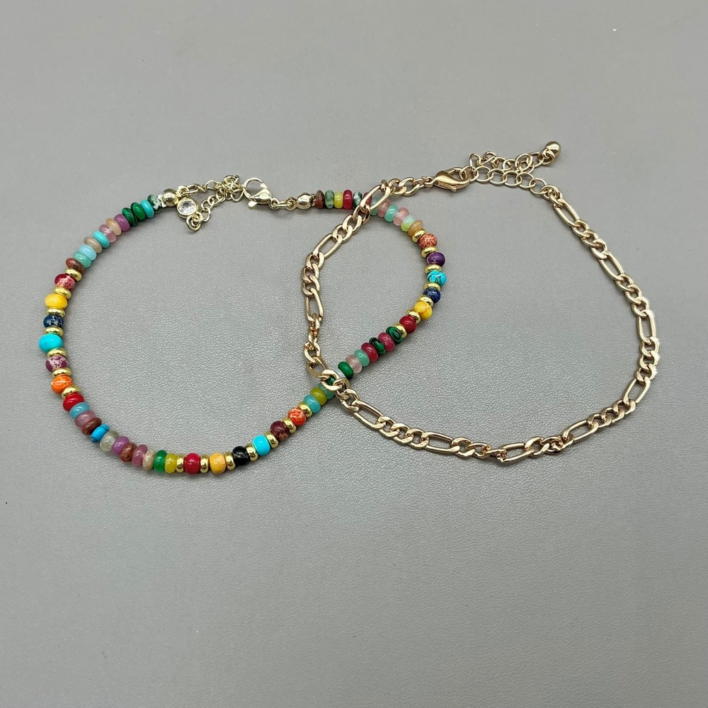 Anklets Women Multicolor Beaded Gold Tone Figaro Chain Layered Beach Boho Set